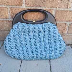 Vintage Turquoise Raffia Woven Straw Bag